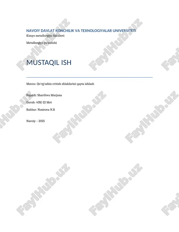 qo‘rg‘oshin eritish shlaklarini qayta ishlash — DOCX