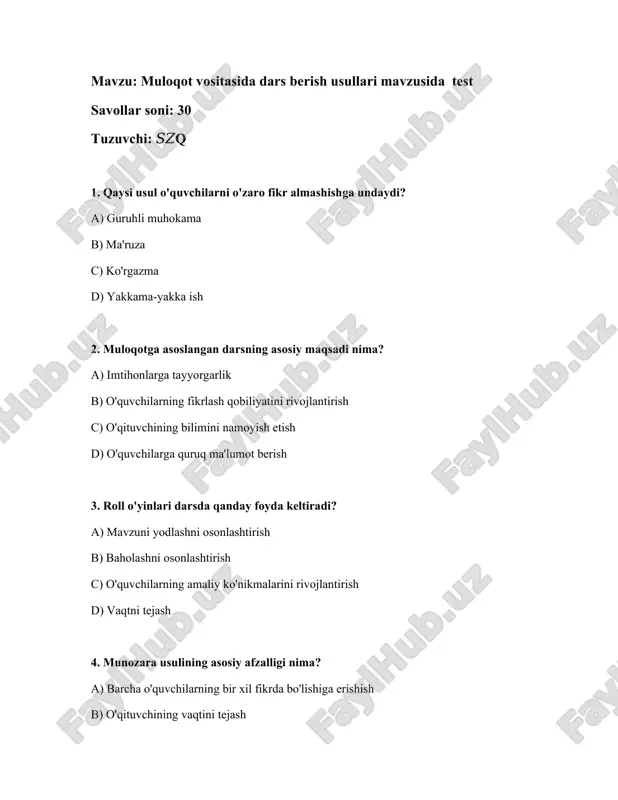 muloqot vositasida dars berish usullari — DOCX