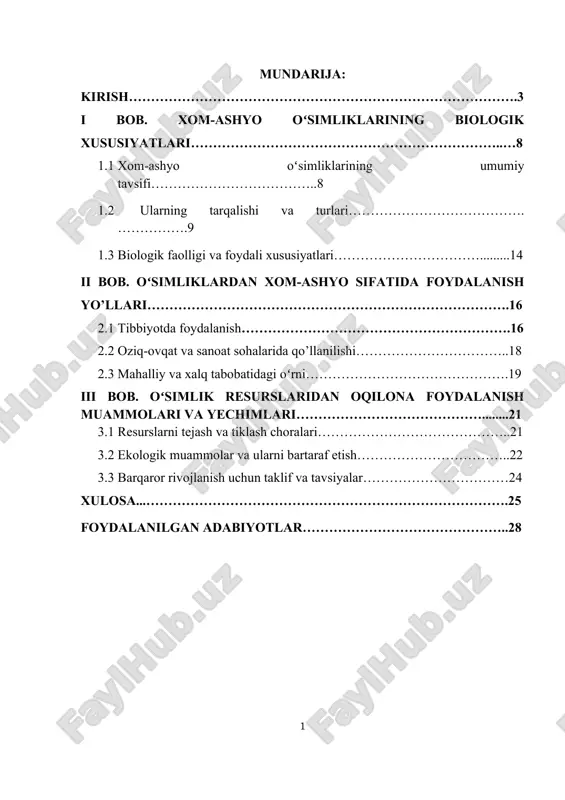 oʻsimliklardan xom-ashyo sifatida foydalanish yo'llari — DOCX