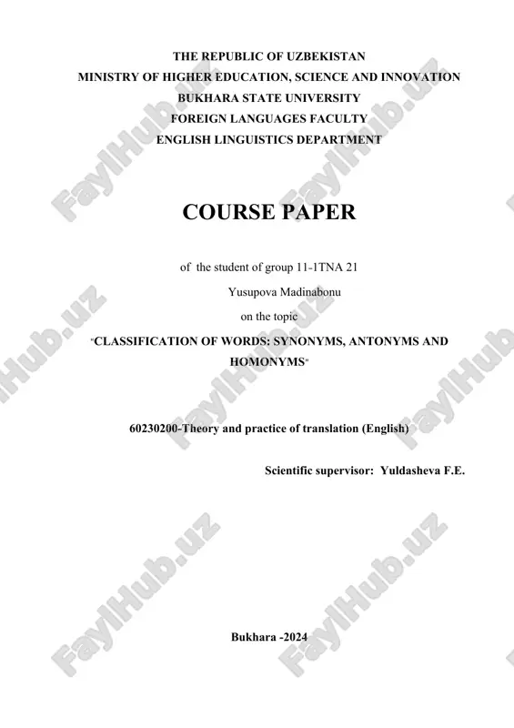 classification of words: synonyms, antonyms and homonyms — DOC