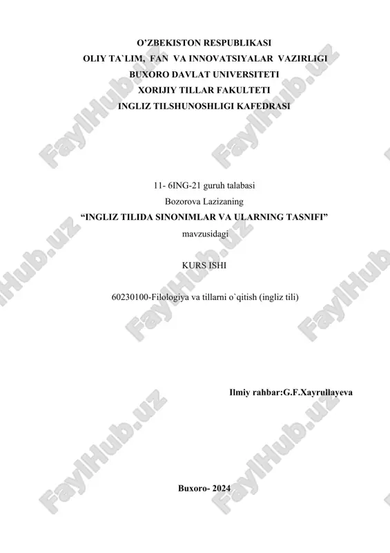 "ingliz tilida sinonimlar va ularning tasnifi" — DOCX