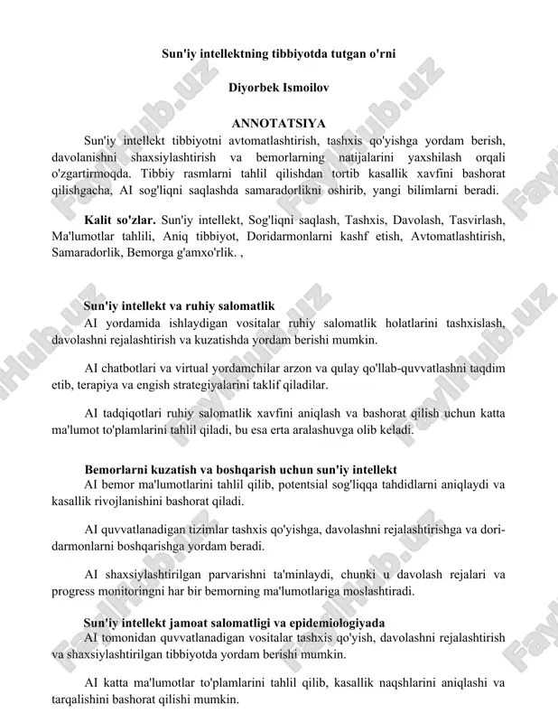 sun'iy intellektning tibbiyotda tutgan o'rni — DOCX