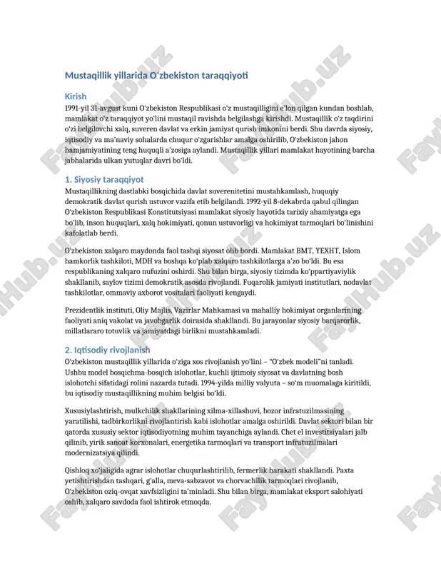 mustaqillik yillarida o‘zbekiston taraqqiyoti — DOCX