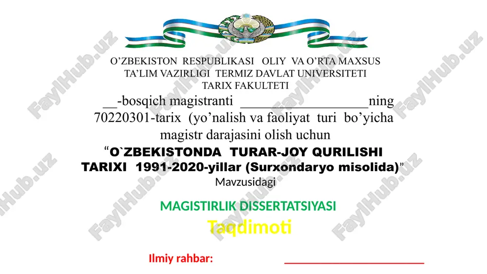o`zbekistonda turar-joy qurilishi tarixi 1991-2020-yillar (surxondaryo misolida) — PPTX