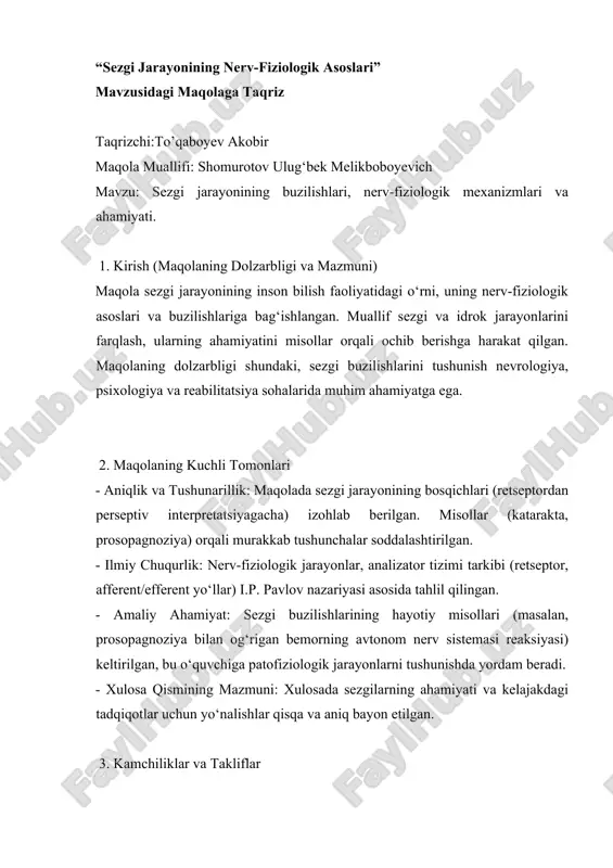 sezgi jarayonining nerv-fiziologik asoslari — DOCX