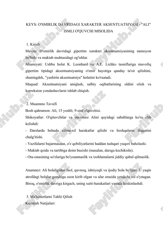 o'smirlik davridagi gipertim xarakter aksentuatsiyasi - "ali" ismli o'quvchi misolida — DOCX