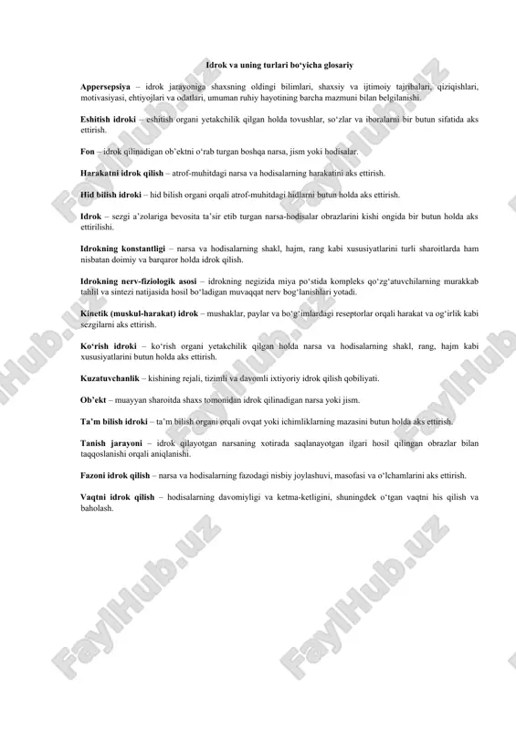 idrok va uning turlari bo‘yicha glosariy — DOCX