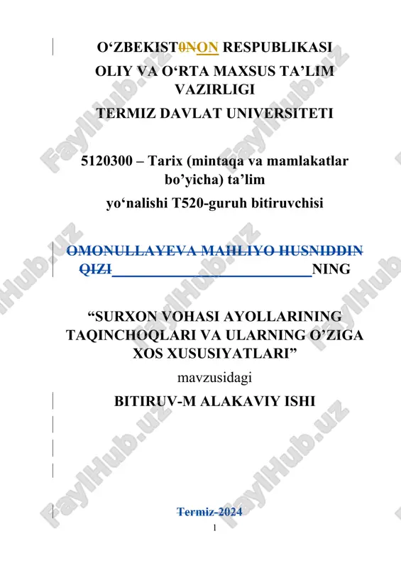 surxon vohasi ayollarining taqinchoqlari va ularning o’ziga xos xususiyatlari — DOCX