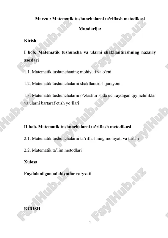 matematik tushunchalarni ta'riflash metodikasi — DOCX