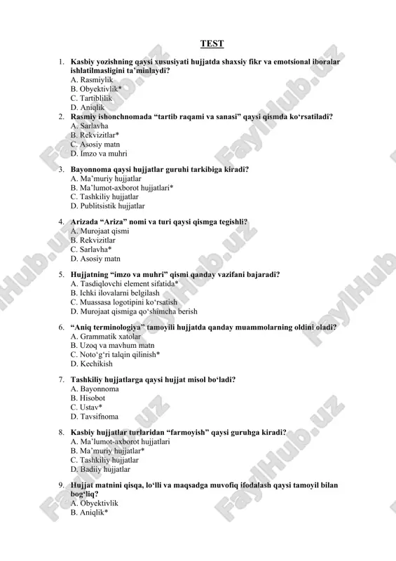 kasbiy yozish test savollari — DOC