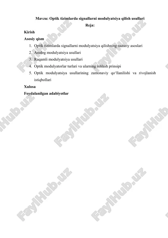 optik tizimlarda signallarni modulyatsiya qilish usullari — DOCX