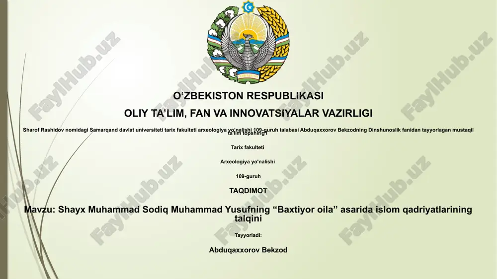 shayx muhammad sodiq muhammad yusufning “baxtiyor oila” asarida islom qadriyatlarining talqini — PPTX