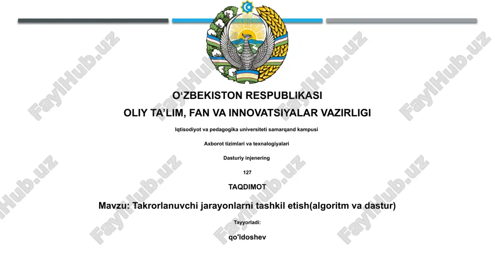takrorlanuvchi jarayonlarni tashkil etish(algoritm va dastur) — PPTX