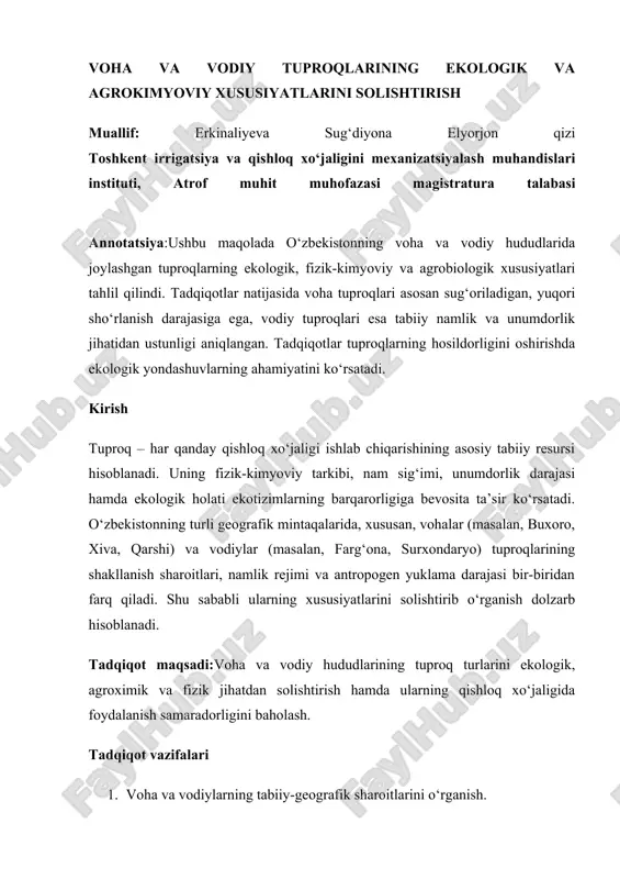 voha va vodiy tuproqlarining ekologik va agrokimyoviy xususiyatlarini solishtirish — DOCX