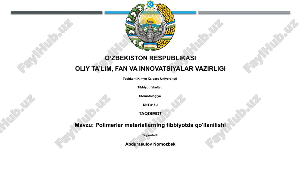 polimerlar materiallarning tibbiyotda qo'llanilishi — PPTX