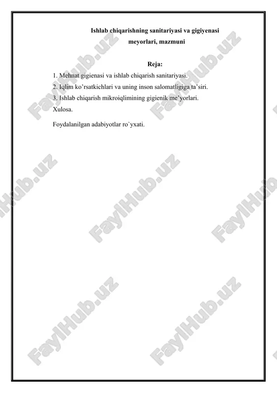 ishlab chiqarishning sanitariyasi va gigiyenasi — DOCX