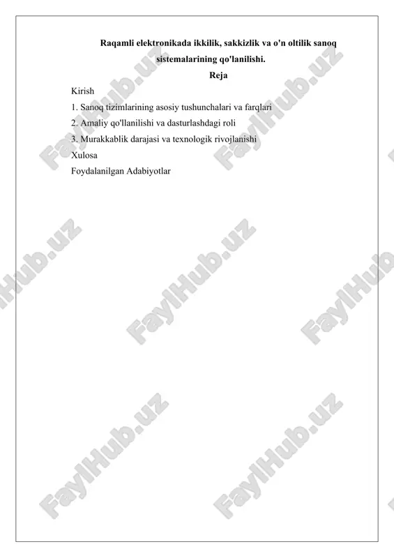 raqamli elektronikada ikkilik, sakkizlik va o'n oltilik sanoq sistemalari — DOCX