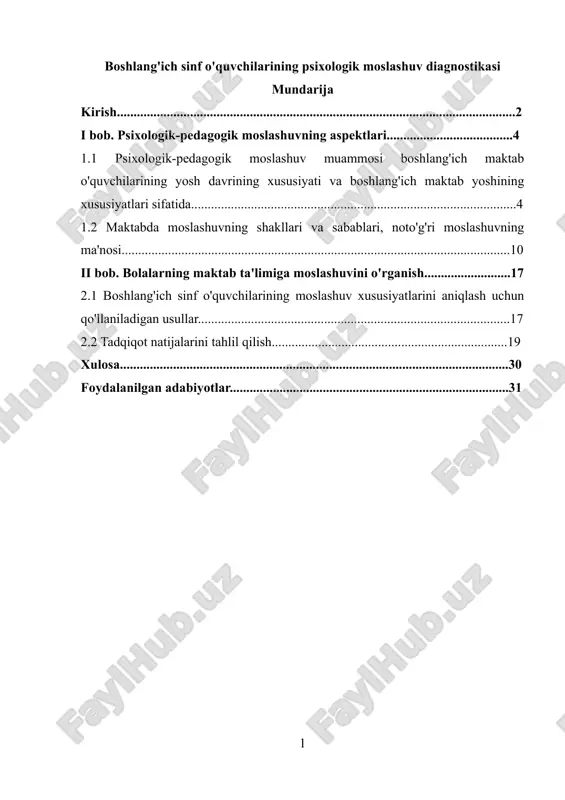 boshlang'ich sinf o'quvchilarining psixologik moslashuv diagnostikasi — DOCX