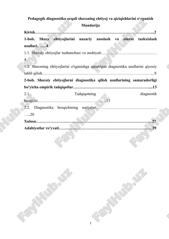 pedagogik diagnostika orqali shaxsning ehtiyoj va qiziqishlarini o‘rganish — DOCX