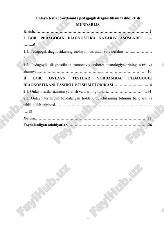 onlayn testlar yordamida pedagogik diagnostikani tashkil etish — DOCX