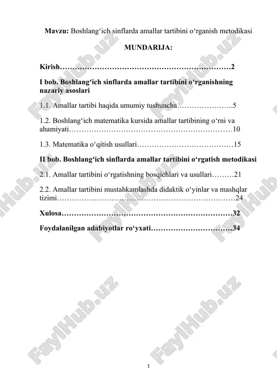 boshlangʻich sinflarda amallar tartibini oʻrganish metodikasi — DOCX