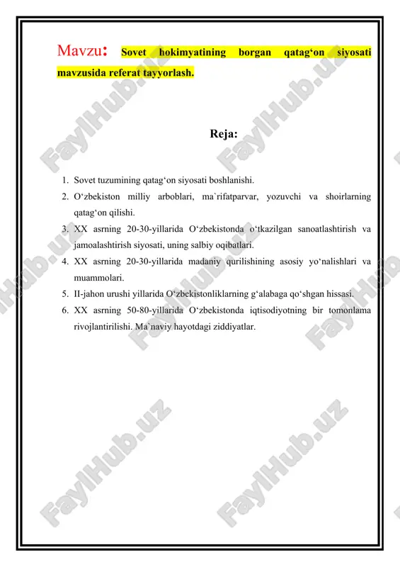 sovet hokimyatining borgan qatag‘on siyosati mavzusida referat tayyorlash — DOCX