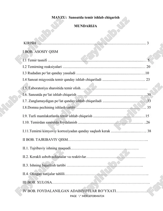 sanoatda temir ishlab chiqarish kurs ishi — DOCX
