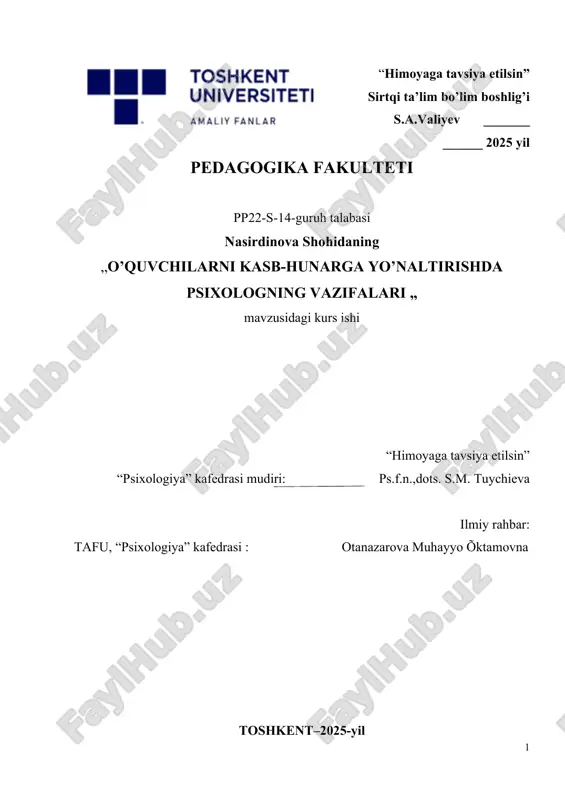 o’quvchilarni kasb-hunarga yo’naltirishda psixologning vazifalari — DOCX