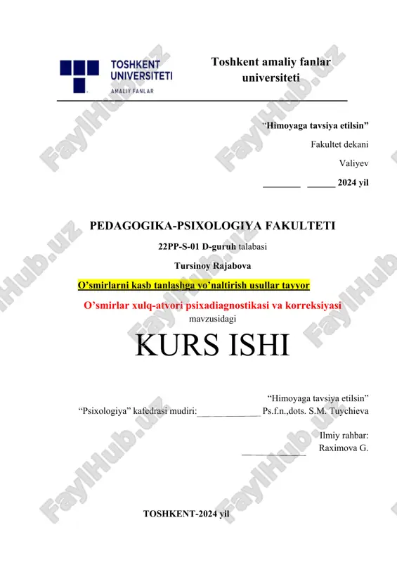 o’smirlarni kasb tanlashga yo’naltirish usullar tayyor. — DOCX