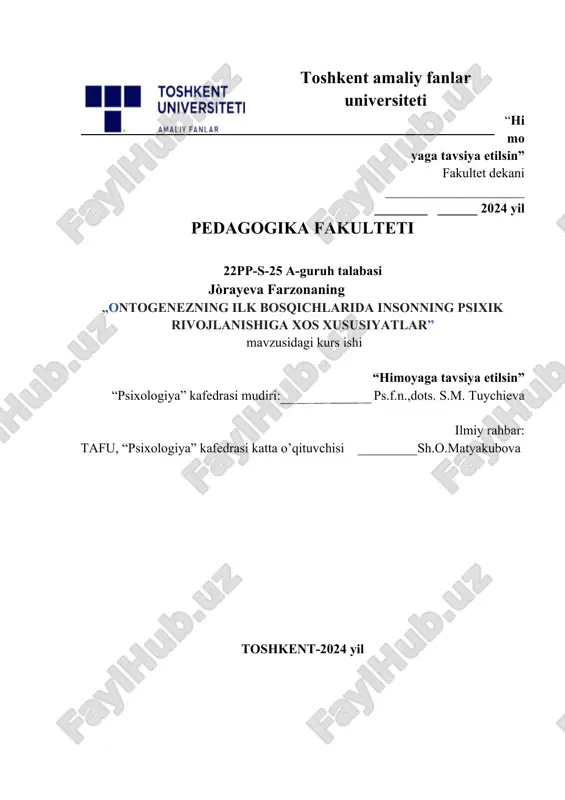 ontogenezning ilk bosqichlaridagi psixik taraqqiyot diagnostikasi — DOCX
