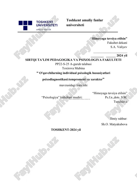 o'quvchilarning individual psixologik xususiyatlari psixodiagnostikasi tem va xarakter. — DOCX
