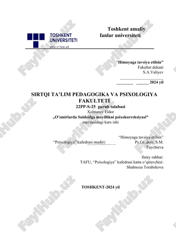 o'smirlarda suidsidga moyillikni psixokorreksiyasi. — DOCX