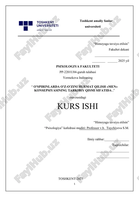 o'spirinlarda o'z-o'zini hurmat qilish «men» konsepsiyasining tarkibiy qismi sifatida — DOCX