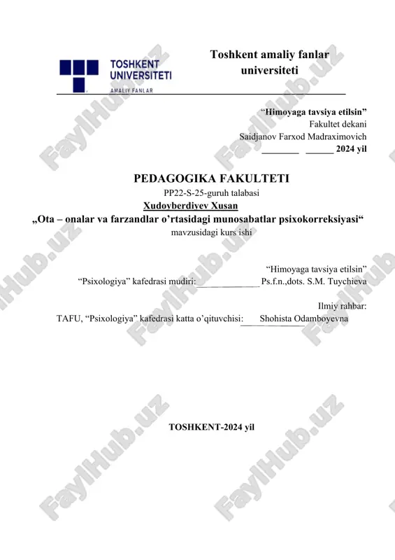 ota - onalar va farzandlar o'rtasidagi munosabatlar psixokorreksiyasu — DOCX