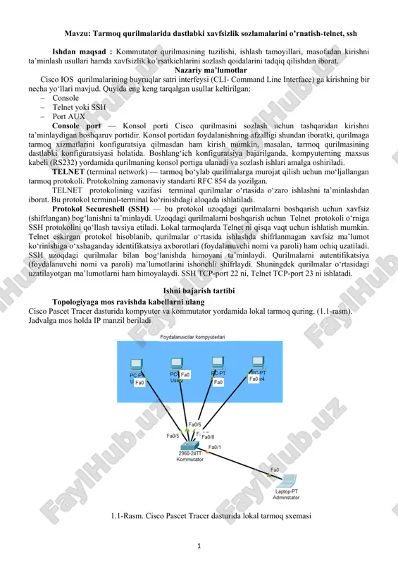tarmoq qurilmalarida dastlabki xavfsizlik sozlamalarini o’rnatish-telnet, ssh — DOCX