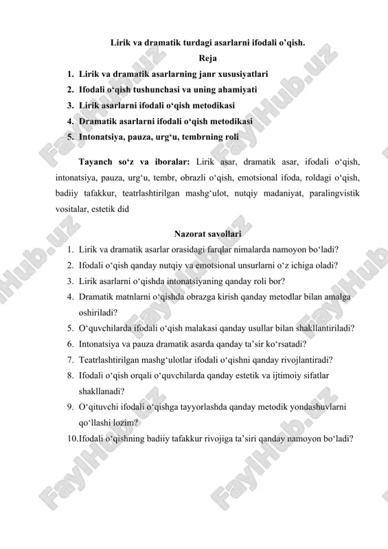lirik va dramatik turdagi asarlarni ifodali o’qish — DOCX