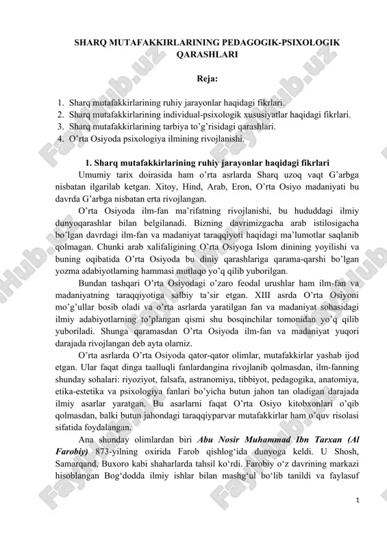 sharq mutafakkirlarining pedagogik-psixologik qarashlari — DOC