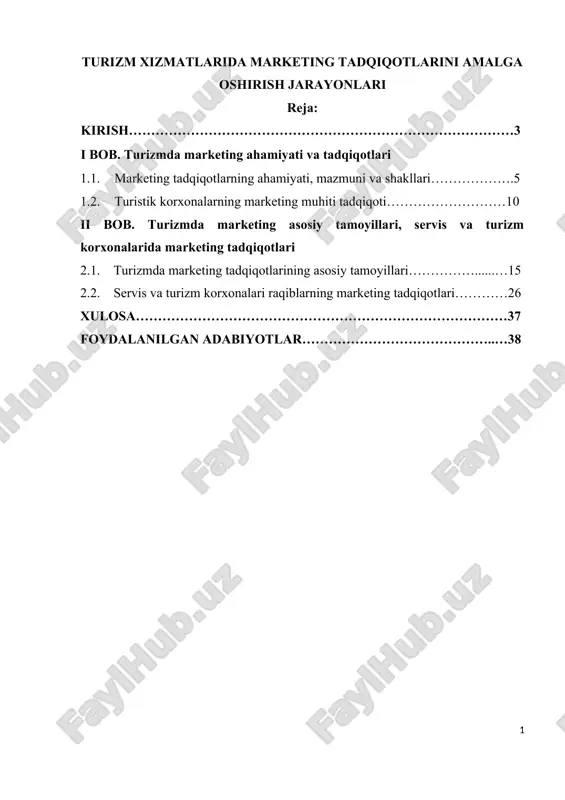 turizm xizmatlarida marketing tadqiqotlarini amalga oshirish jarayonlari — DOC