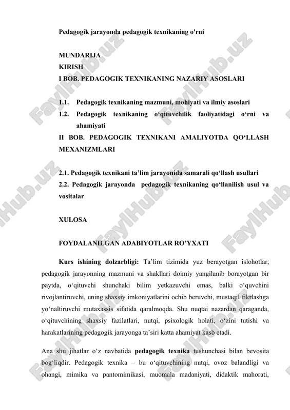 pedagogik jarayonda pedagogik texnikaning o'rni — DOCX