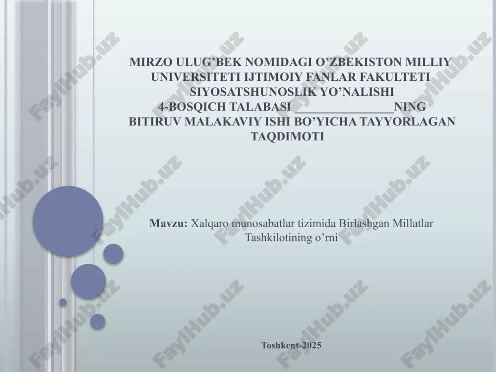 xalqaro munosabatlar tizimida birlashgan millatlar tashkilotining o’rni — PPTX
