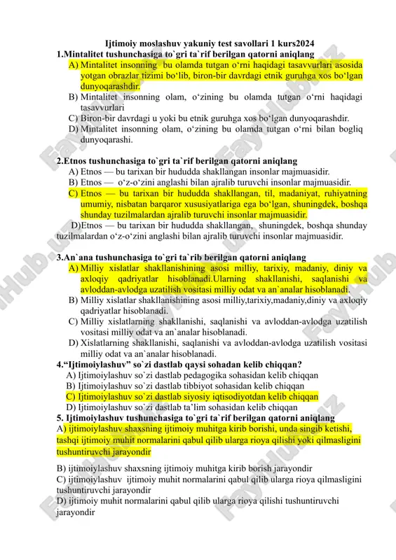 ijtimoiy moslashuv yakuniy test savollari 1 kurs — DOCX