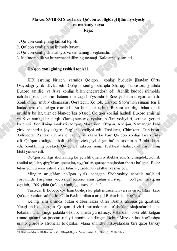 xviii-xix asrlarda qo`qon xonligidagi ijtimoiy-siyosiy — DOCX
