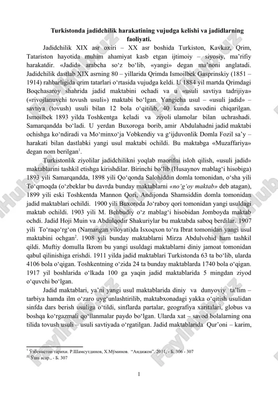 turkistonda jadidchilik harakatining vujudga kelishi va jadidlarning faoliyati — DOCX
