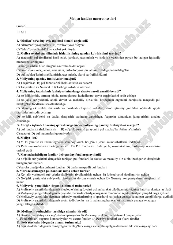 moliya fanidan nazorat testlari — DOCX