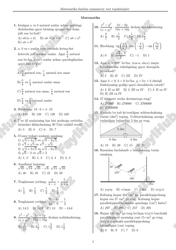 matematika fanidan namunaviy test topshiriqlari — PDF