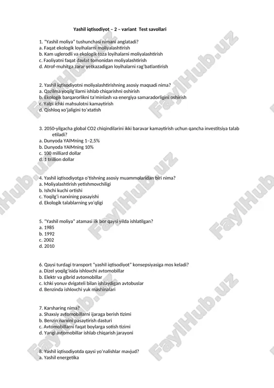 yashil iqtisodiyot – 2 – variant test savollari — DOCX