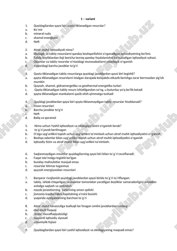 resurslar bilan bog'liq test savollar to`plami — DOCX