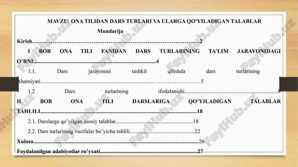 ona tilidan dars turlari va ularga qo'yiladigan talablar — PPTX