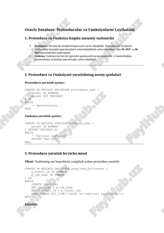 oracle database: protseduralar va funksiyalarni loyihalash — DOCX