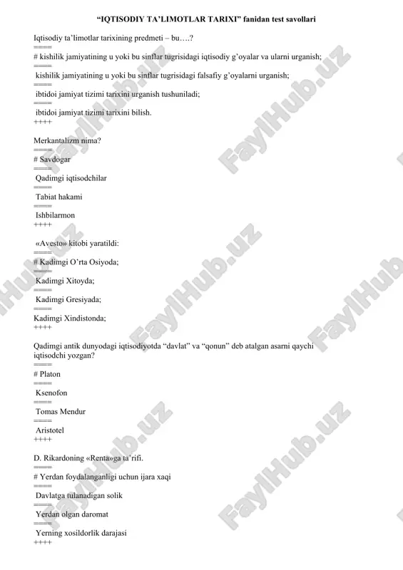 "iqtisodiy ta’limotlar tarixi" fanidan test savollari — DOCX